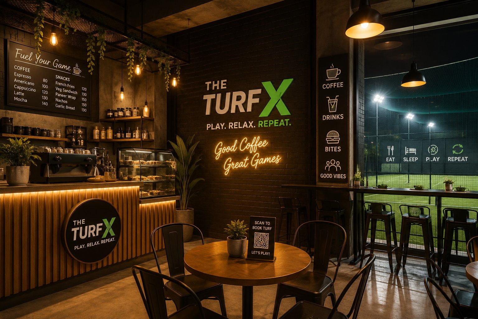 The Turf X Cafe interior overlooking the turf
